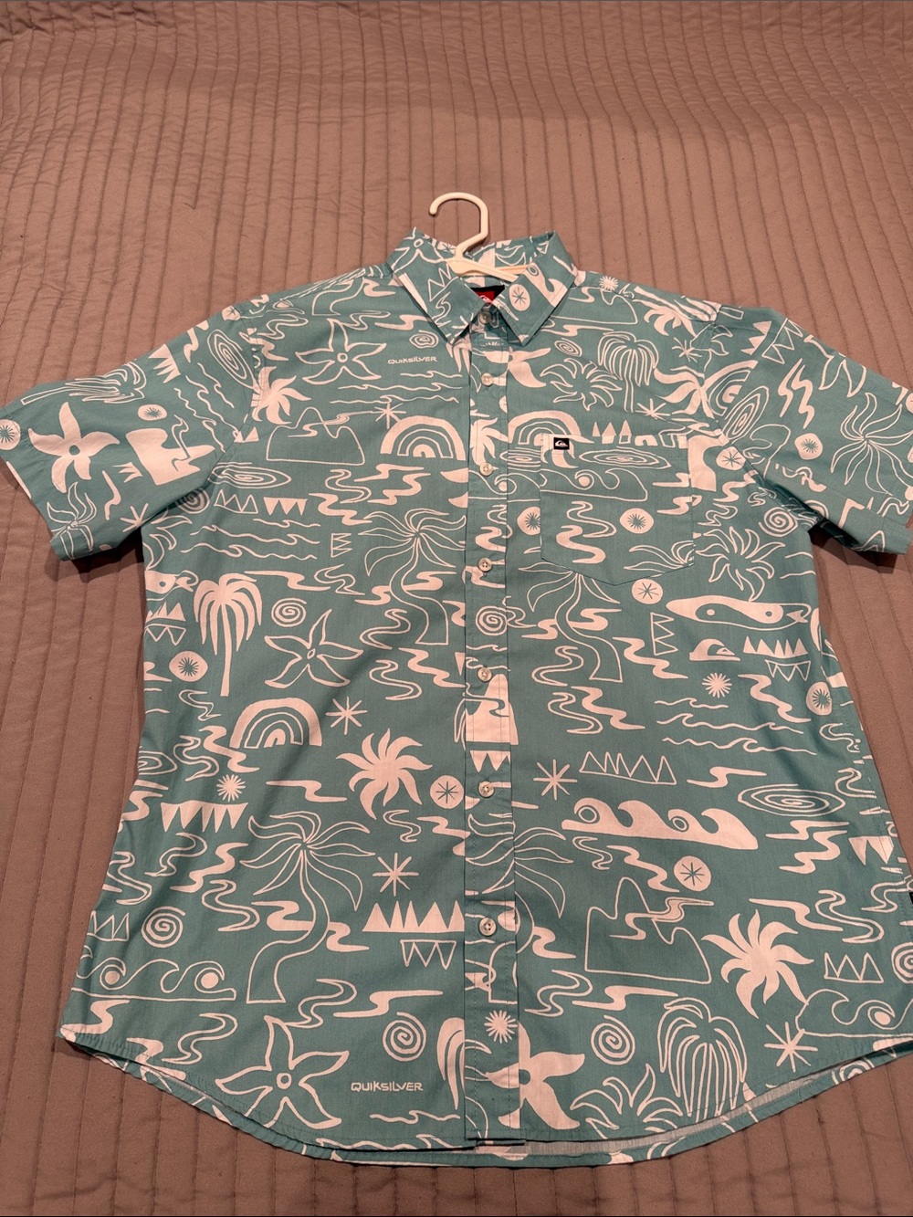 Quiksilver Teal Short Sleeve Tropical Print Button-Down Shirt Men’s size L